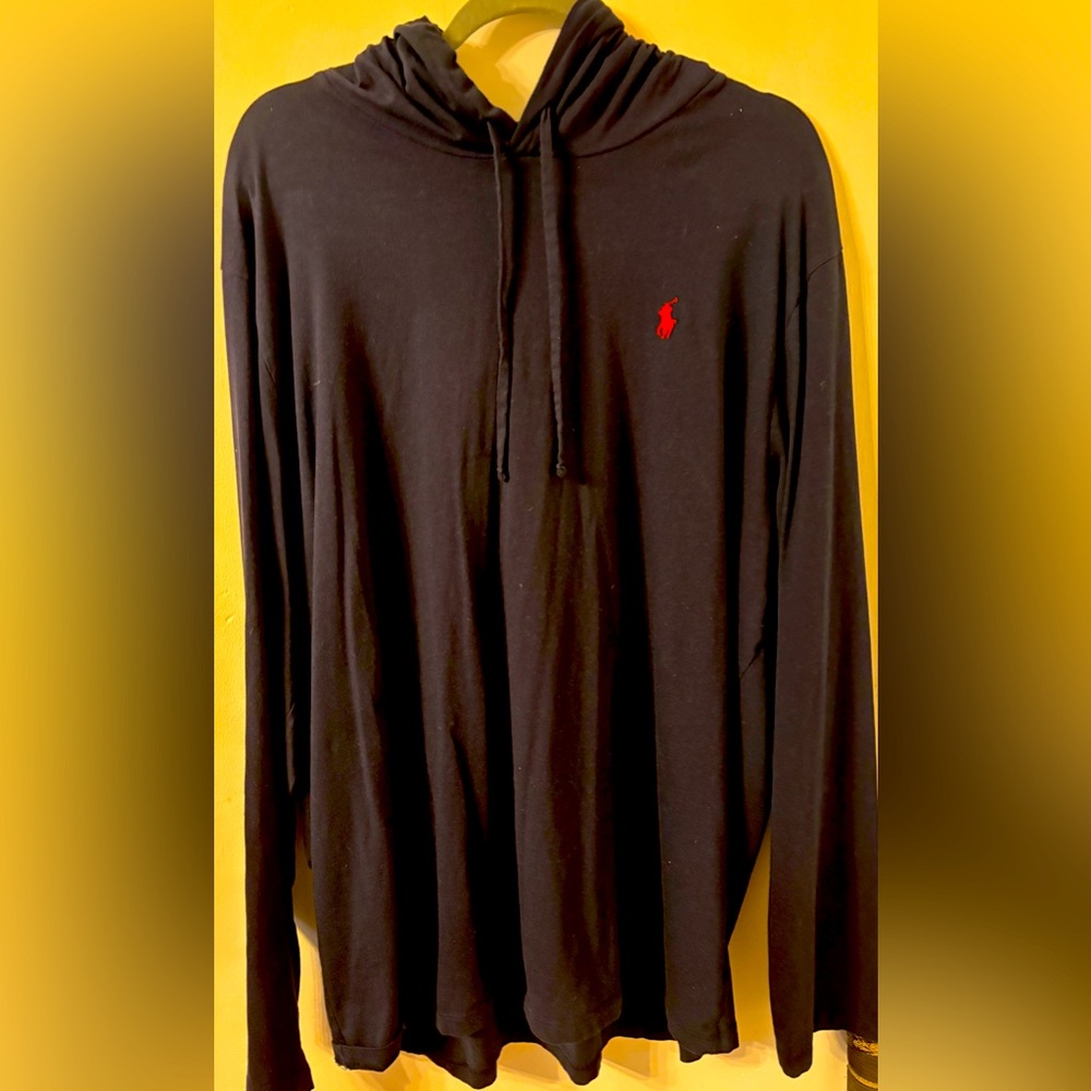 Navy Blue, XXL, Men’s Hooded Polo long sleeve with drawstring. Red polo guy.